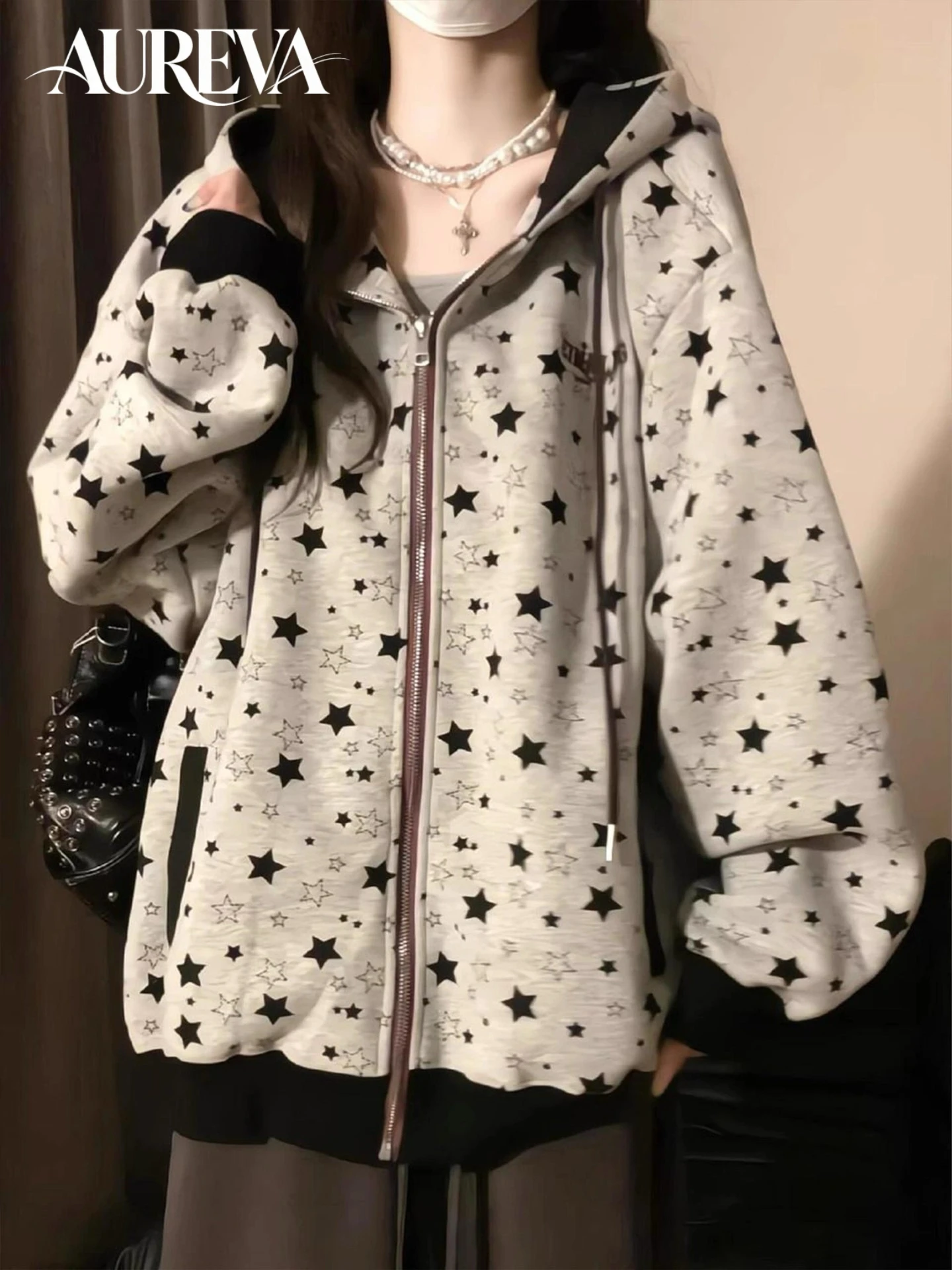 2026 Korean Vintage Star Print Hoodie Women's Spring Autumn Thin Outerwear Loose Lazy Style Open Cardigan Top