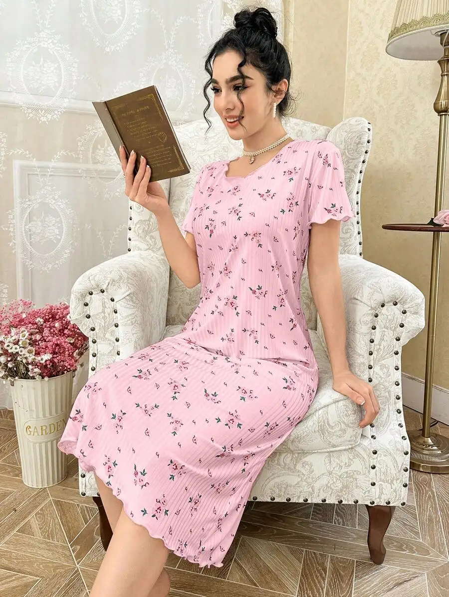 

Womens Floral Print Ribbed Relaxed Fit Short Sleeve Midi Dress
