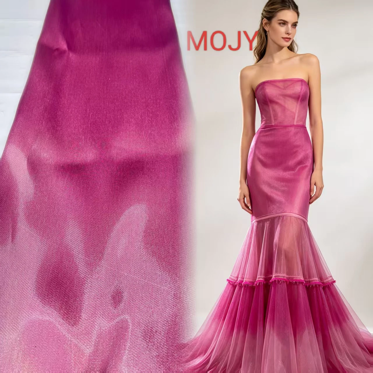 Magenta Shiny Metallic Mesh Fabric, Glossy Sheer Cloth for African Dress Evening Party Gown Bridal