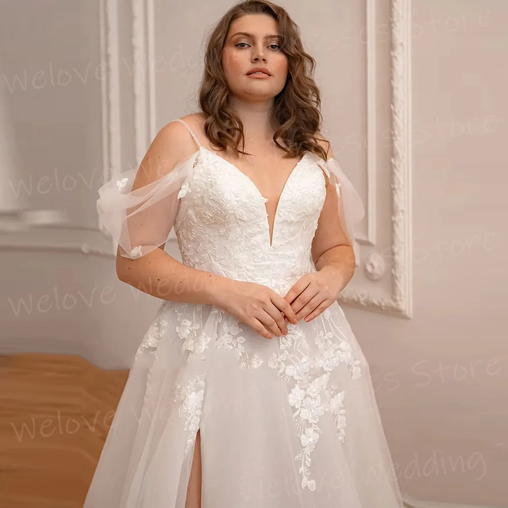 Romantic A Line Women's Wedding Dresses Lace Appliques Robe De Mariée Customized Bride Gowns Off Shoulder Slit Vestido De Novia
