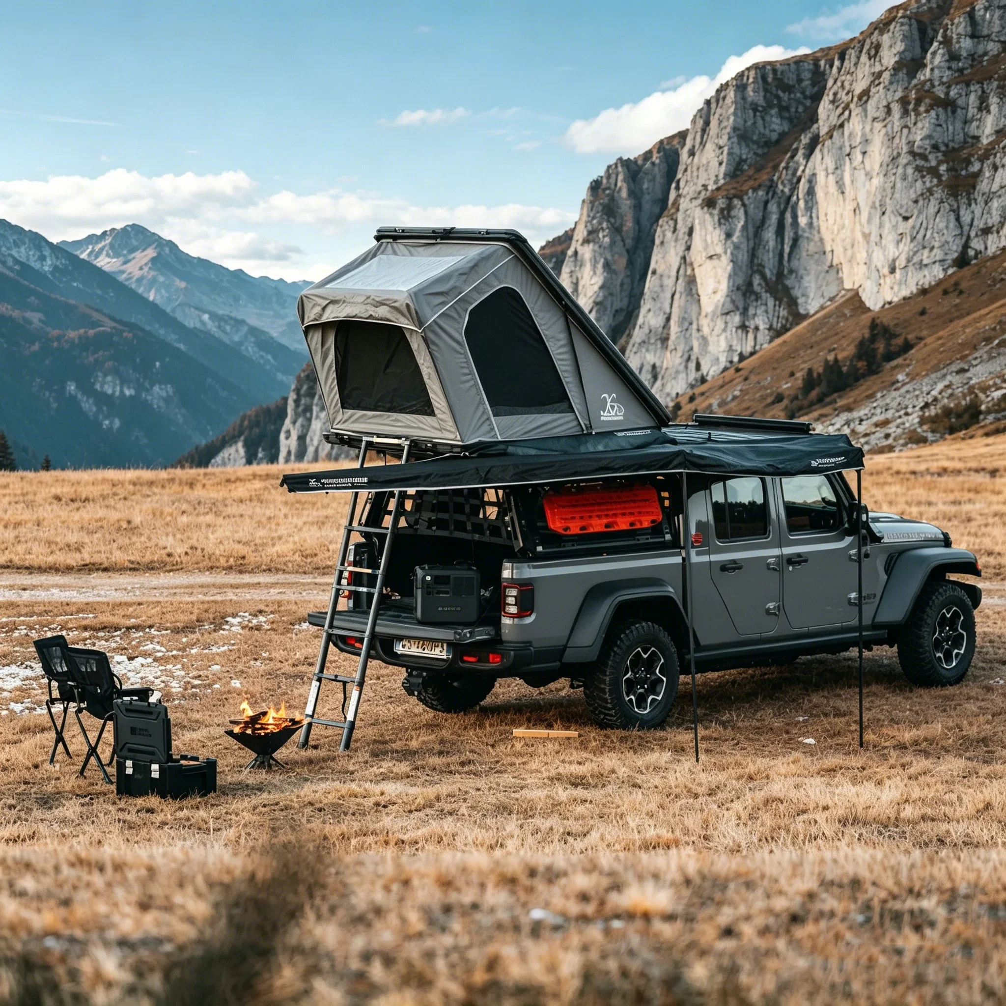 Upgraded Weather Resistant Compact Vehicle-Mounted Triangle Roof Top Tent with Extended Canopy