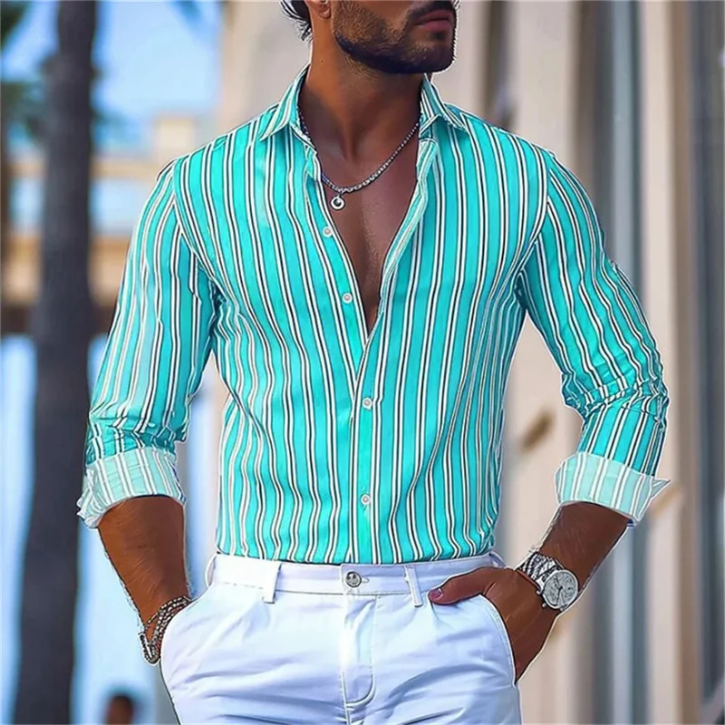 9 Colors Striped Men\'s Shirt Business Casual Outdoor Top Spring And Autumn Lapel Long-sleeved Shirt Fashion Design Button Shirt