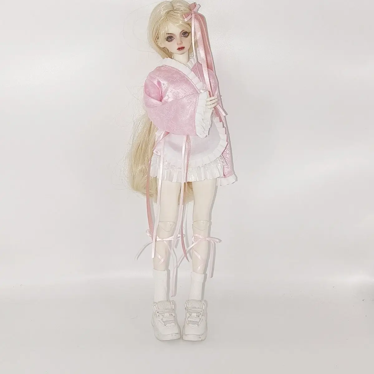 Sweet Wa Lolita Maid Uniform Fit 1/4 Bjd Doll, Kimono Lace Apron Long Ribbon Bow Girl Doll Dress Up Accessories Excluding Doll