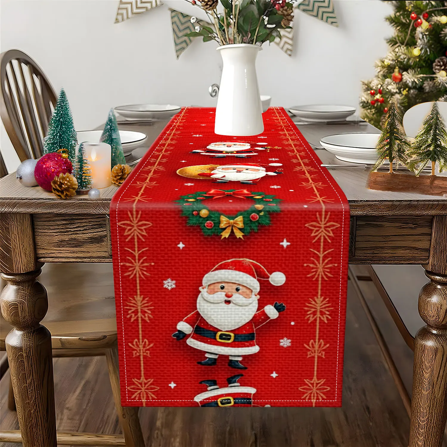 1 Piece of Christmas-Themed Table Runner with Santa Claus, Wreaths, and Other Patterns, Suitable for Christmas Family Dinners, Holiday Party Decorations, and Other Occasions