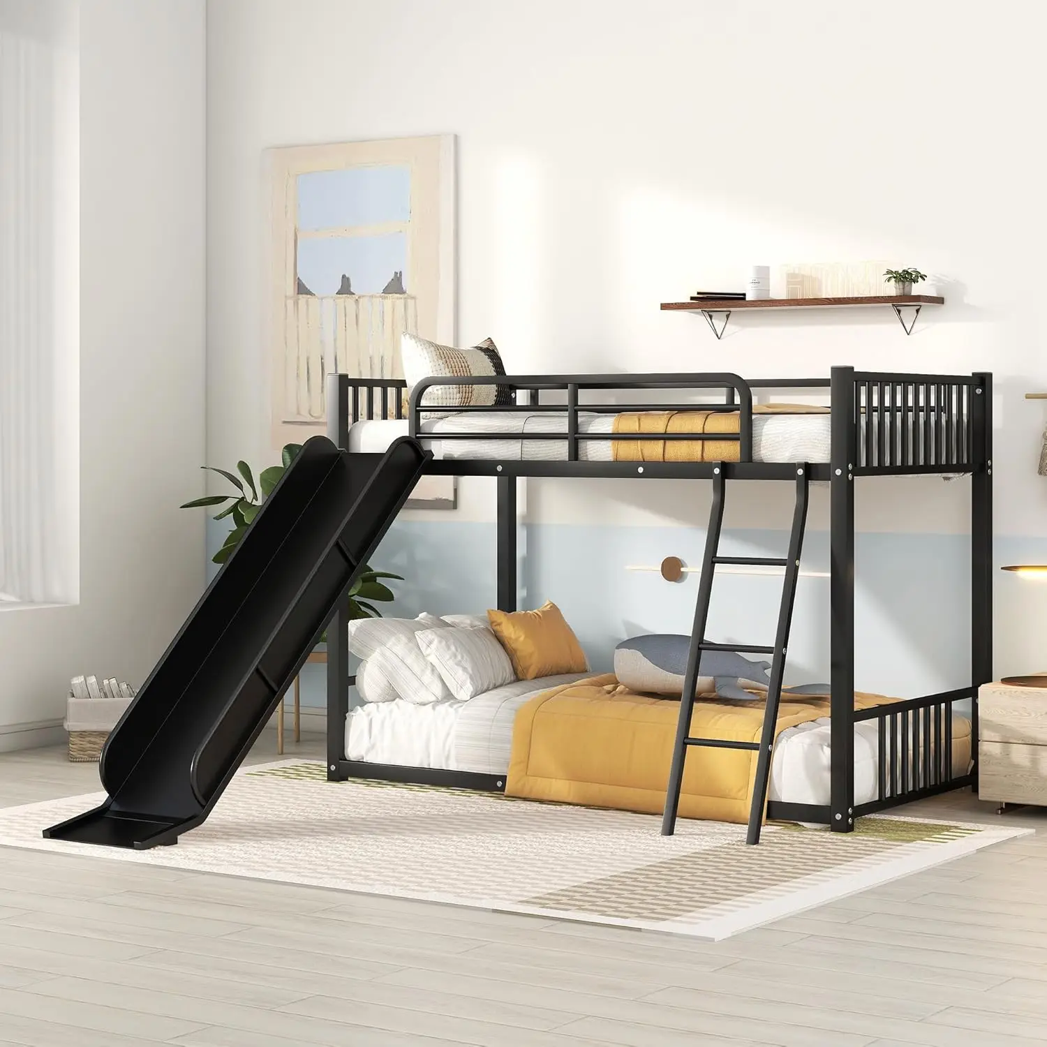 Beliches de metal baixo com corrediça de escada, cama com corrimão em forma de cerca para quarto, Twin Over and Twin Size, bedframe de madeira baixa, meninos e meninas