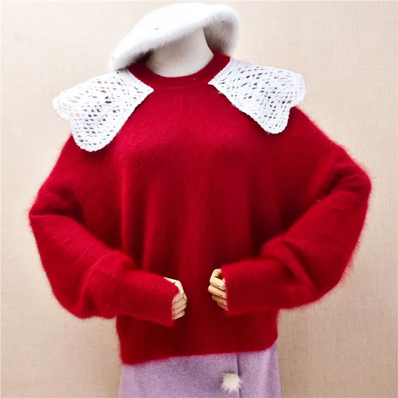 

Женский осенне-зимний модный кукольный воротник из ангорского кролика, вязаный кружевной свитер с длинными рукавами, свободный пуловер, свитер, джемпер