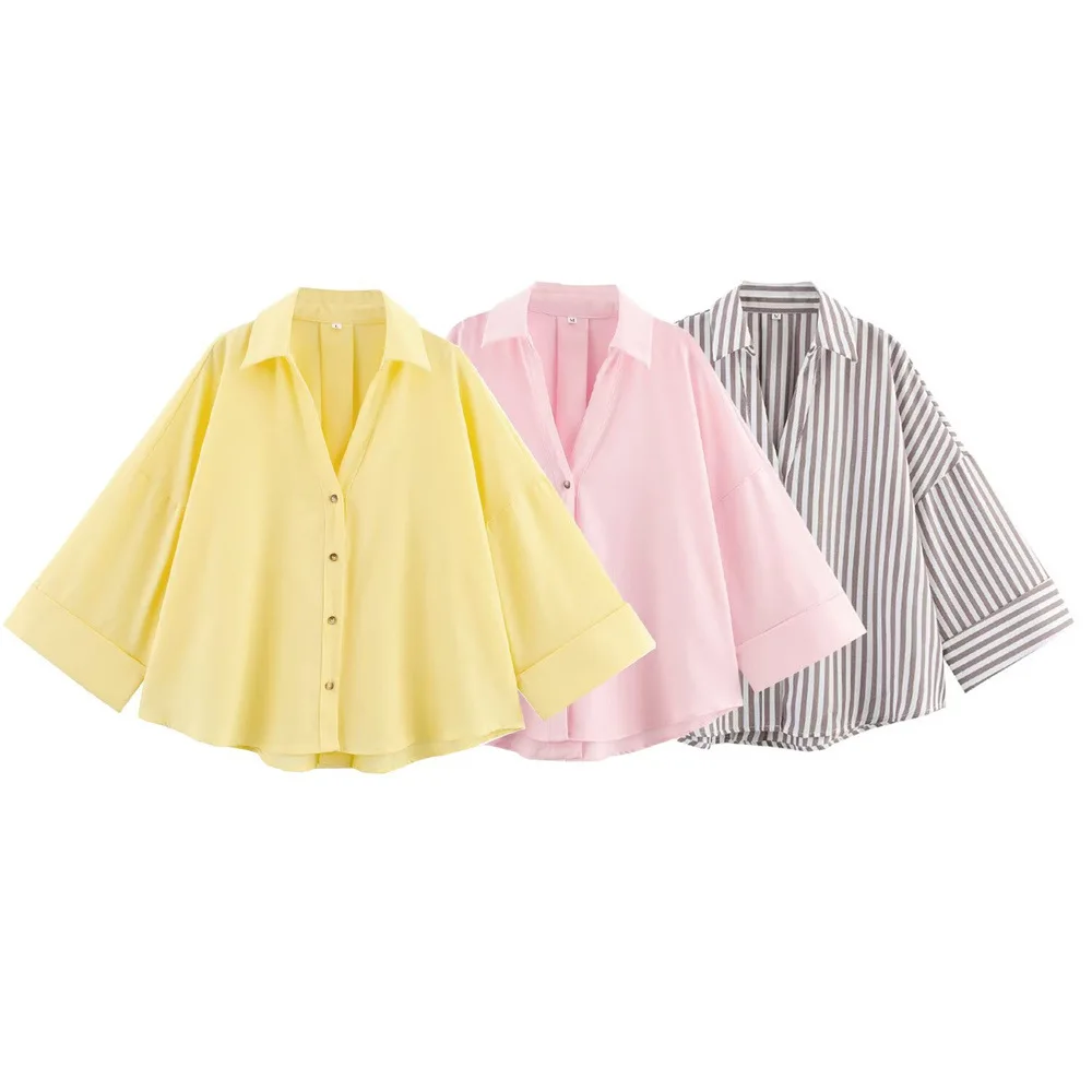 

2025 New Women's Clothing Fashion Slim-fitting and Thin Linen Multi-color Striped Long-sleeved Shirt Top