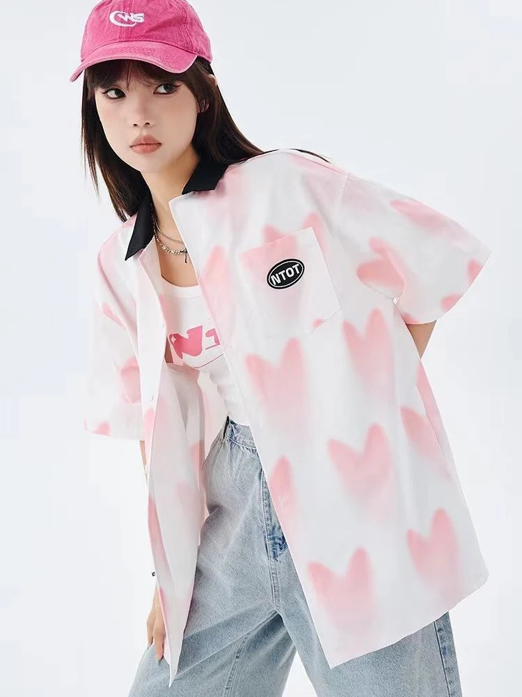 Zoki Chic Heart Gradient Shirt Women Korean Loose Short Sleeve Cute Blouse Fashion Design Sweet Female All Match Casual Tops New