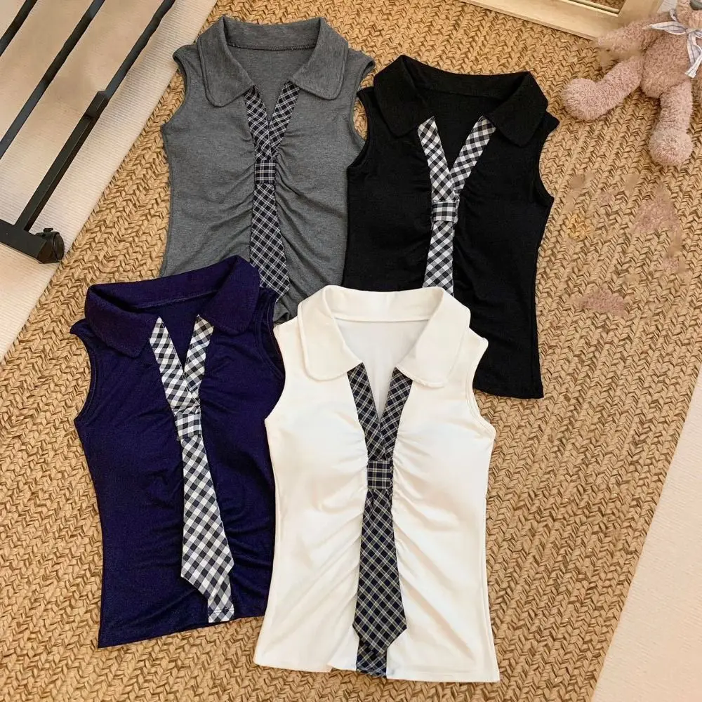 

Fake Tie Sleeveless Cotton T-shirt Collar Patchwork Summer Slim Crop Tops Simple Spicy Girl Style Women's Grid Vest Club