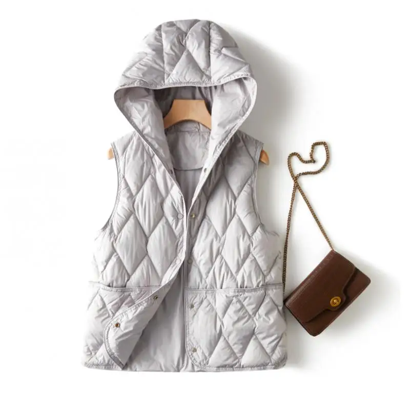 New 90% White Duck Down Sleeveless Jackets Autumn Winter Female Hooded Ultra Light Down Korean Office Lady vest coat Outwear Top