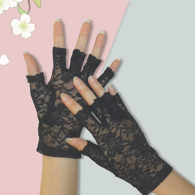Spring/Summer Women's Thin Lace Flower Gloves Breathable Half Finger Exposed Finger Driving Touchscreen Scar Covering Bridal Glo