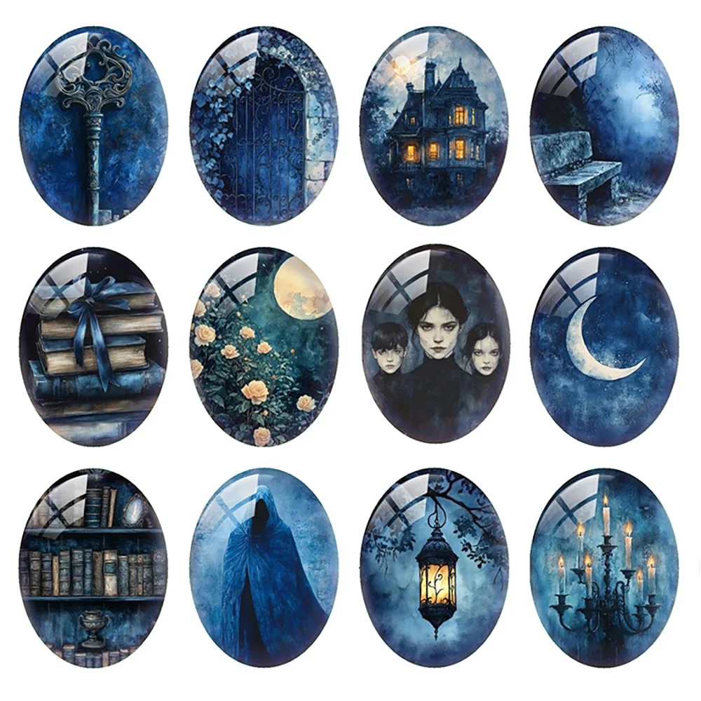 

10pcs/lot Halloween Gothic Horror Blue Night Castle Candle Lamp Oval Photo Glass Cabochon Flatback Demo Cameo Diy Jewelry Making