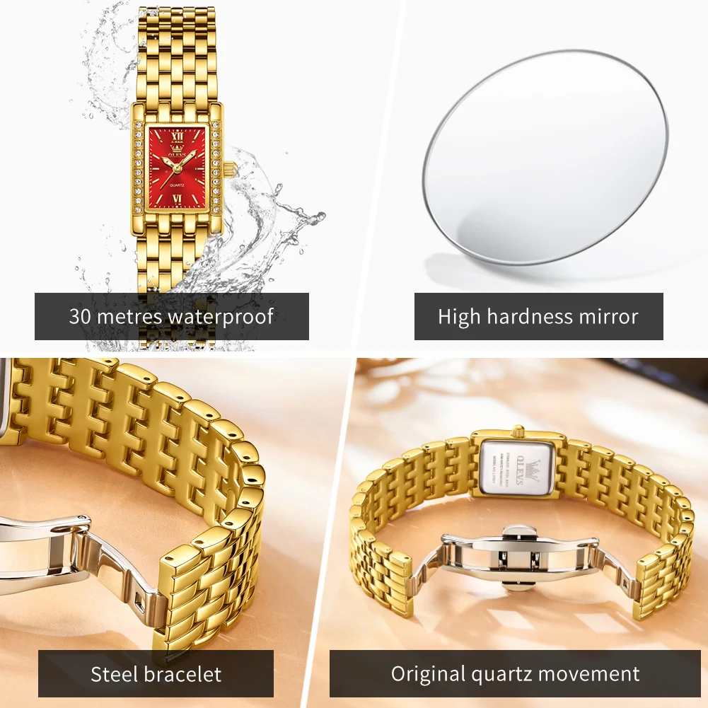 OLEVS Original Women Watches Gold Red Square Quartz Watch Waterproof Stainless Steel Watches For Woman Diamond Bezel Clock