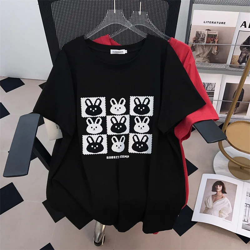 

170Kg Plus Size Women's Bust 170 Summer Loose Round Neck Short Sleeve Bunny Printed T-Shirt Black Red 4XL 5XL 6XL 7XL 8XL 9XL