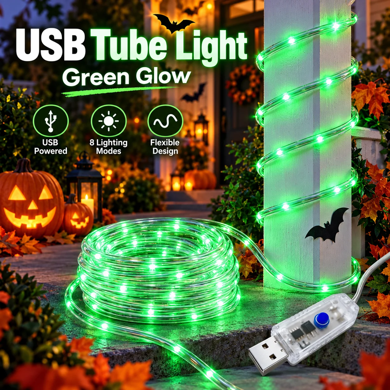 LED Rope Lights Tube String Lights USB Powered 7/12/17/22M Warm White Green IP55 Flexible Lights for Indoor Party Halloween Deco