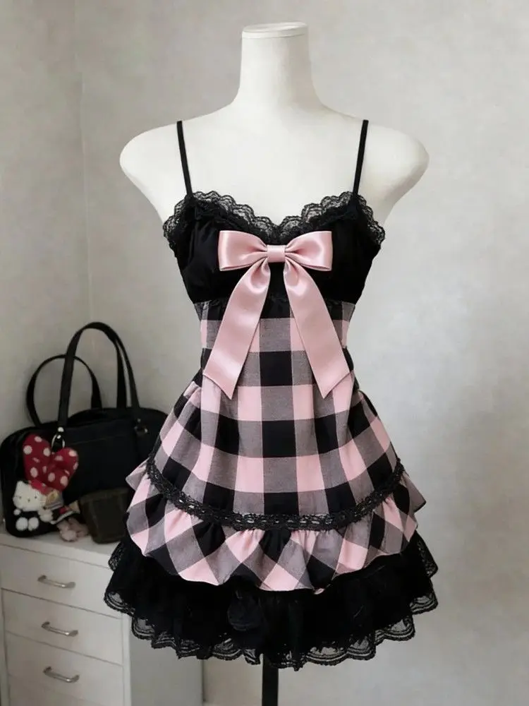 Sexy Dresses Slim Vintage Y2k 2000s Backless Plaid Punk Sling Dress Goth Summer Short Skirt Bow Woman Clothes Hot Girl Emo Chic