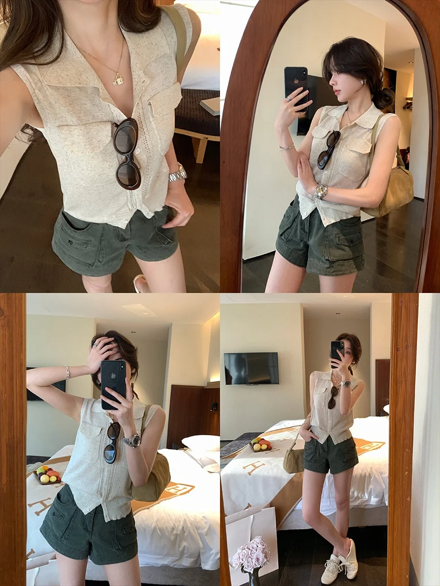 

MUKOK Korean Style Linen Knitted Top Sleeveless Design Slimming Vest Women's Summer Fashion Simple Style Short Length Pure Color