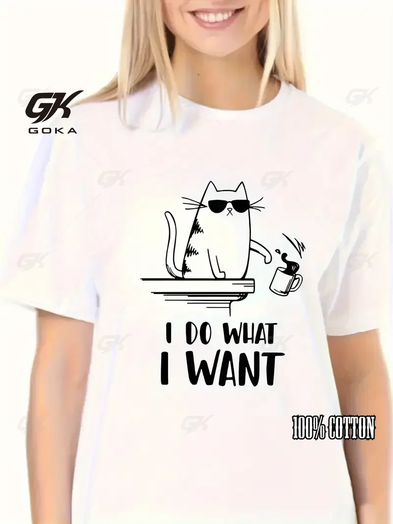 女性用半袖コットンTシャツ,キュートでクールな猫のTシャツ,夏のファッションTシャツ,プリントされたラウンドネックTシャツ,女性用カジュアルウェア