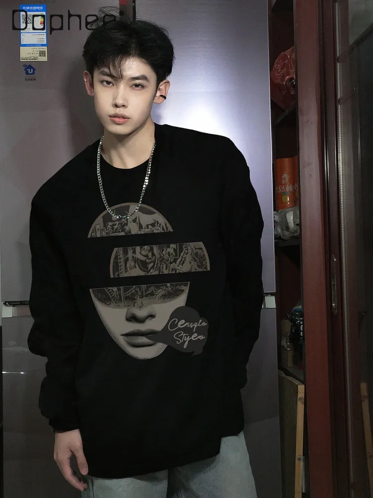 

Spring Autumn New American Retro Dark Street Fashion Men's Character Letter Print Loose Casual Round-neck Long-sleeve T-shirt