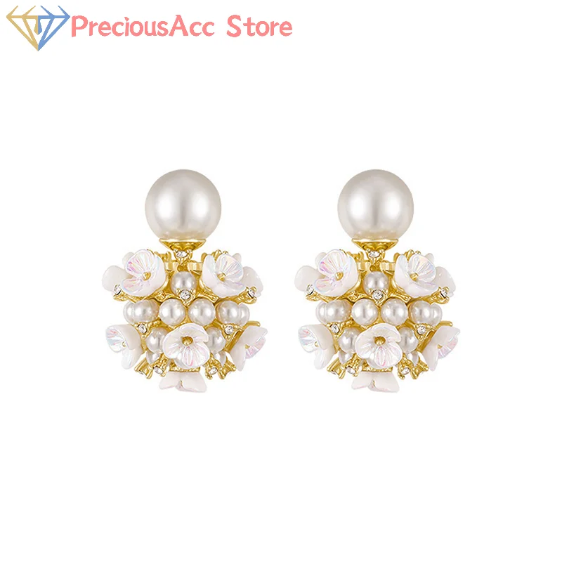 Shell Flower Pearl Stud Earrings Women Vintage Double Side Ball Shape Jewelry Wedding Party Fashion Accessory Gift