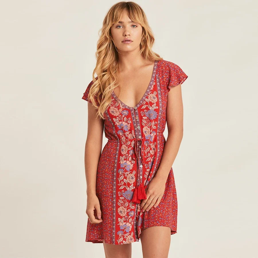 TEELYNN short BOHO dress red rayon floral print summer Dresses sexy v-neck Drawstring waist Gypsy mini women dresses vestidos