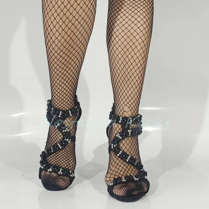 Sexy Back Zipper Rhinestone Suede Sandals Black Peep Toe Stiletto Heel Women's Shoes Hot Girl Party Nightclub Dance Footwear