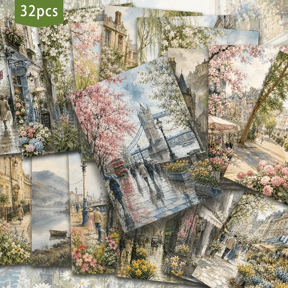 32pcs,  watercolor city postcards, wall stickers, mailing cards, greeting cards, DIY postcards, commemorative postcards,
