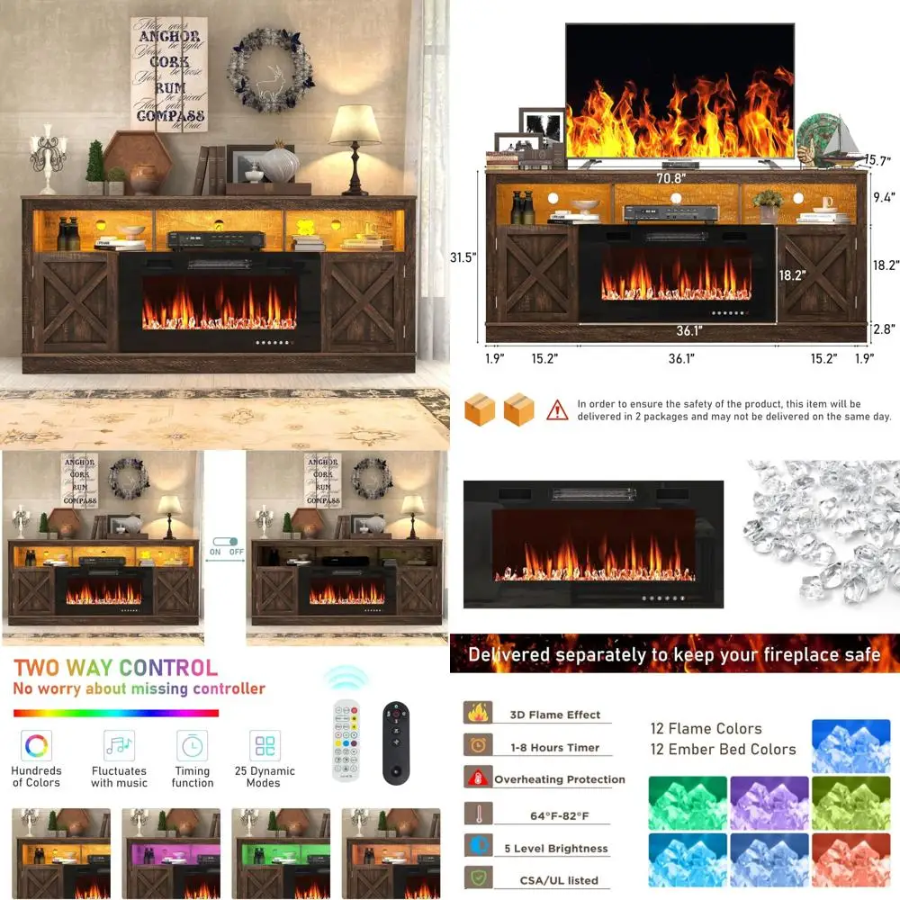 Centro de entretenimiento con chimenea eléctrica para TV de 70 a 80 pulgadas, 32 altos, chimenea de 36 LED, consola multimedia