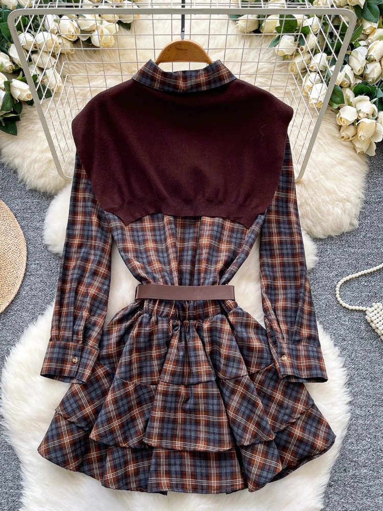 Vestido xadrez vintage coreano feminino, outono, manga longa, babado, bainha, cinto, midi, com xale de malha, estilo retrô chique