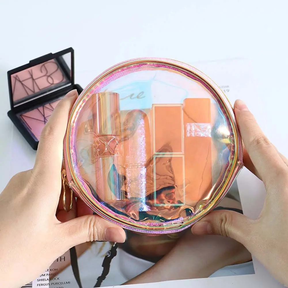 Mini poudres cosmétiques holographiques portables pour femmes, laser clair, PVC, maquillage, filles, transparent, rond, rouge à lèvres, sac de