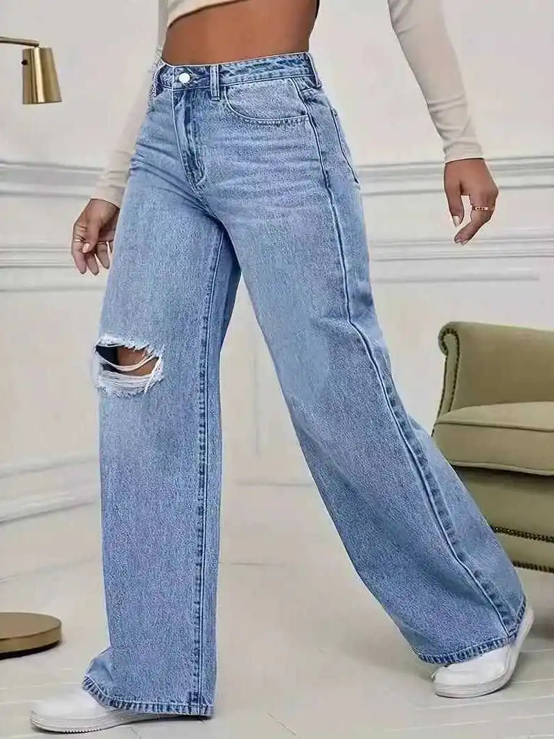 

Waed High Waist Wideleg Denim Pants Loose Fit Personali Hole Design Ladies Faion Autumn Collection No Brand Registered