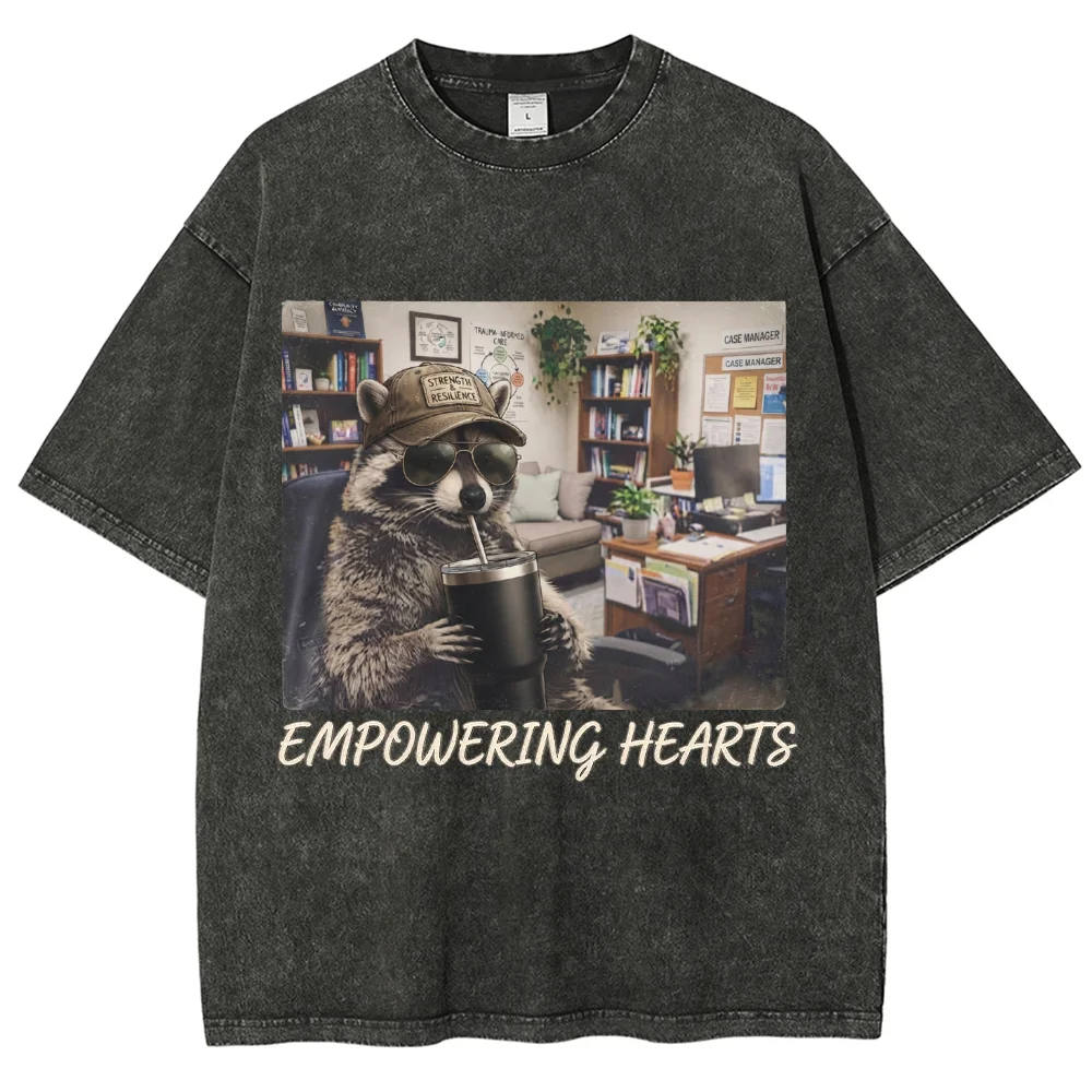 Unisex Empowering Hearts Raccoon Graphic T Shirt Vintage Washed Funny Office Animal Print Crew Neck Casual Loose Short Sleeve Te