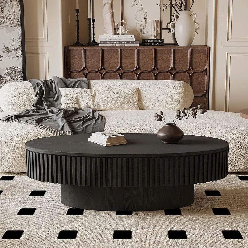 

Modern Black Oval Coffee Table with Storage and Solid Wood Veneer, Fluted Drum Style Tea Table