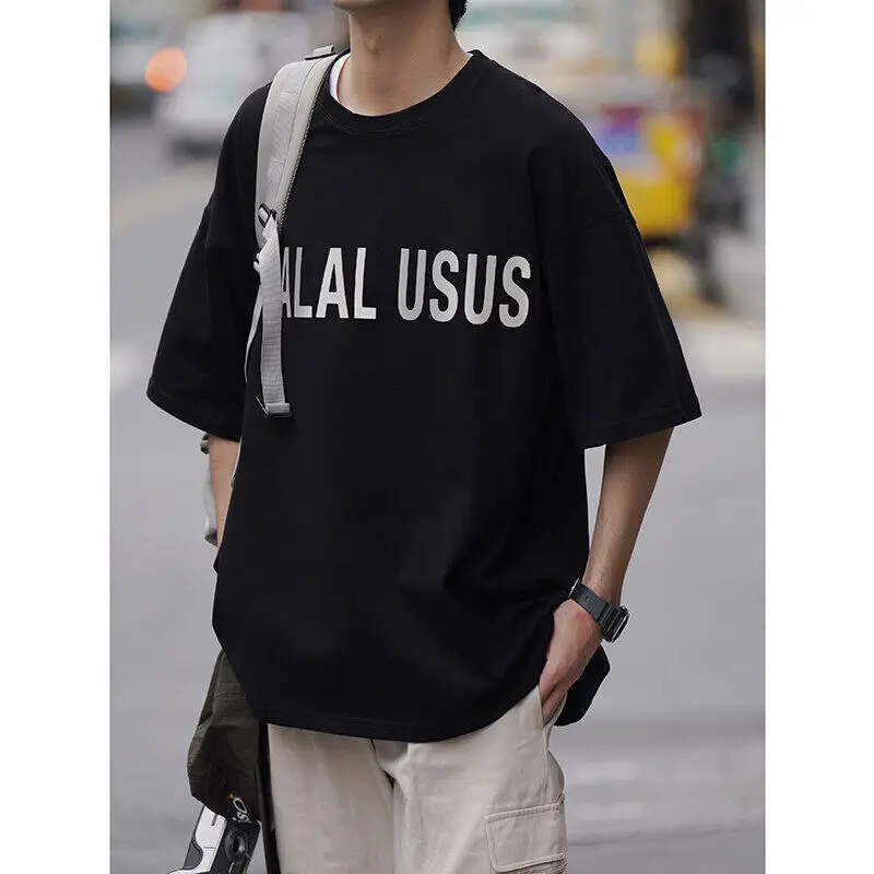 260gsm Heavy Cotton Summer Short Sleeve T Shirts Men Casual Letters Streetwear Tees Unisex Basic Solid Young Cool Loose Top Tee