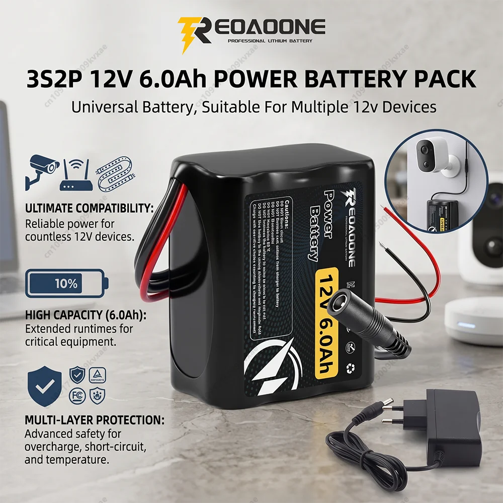 12V 6000mAh 6Ah Lithium Battery Pack 3S2P Rechargeable Li-ion Batteries with BMS for CCTV Camera LED Light RC Car