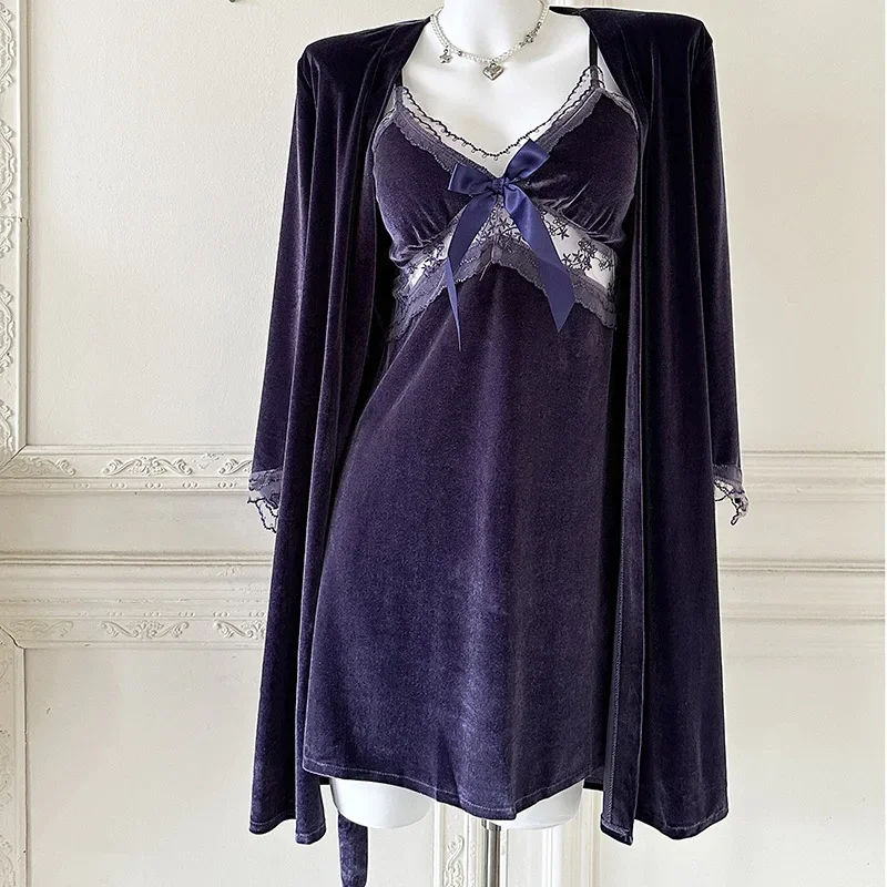2Pcs Spaghetti Strap Sleepwear Warm Velour Robe Suit Nightgown Sexy Home Dress Nightwear Autumn Winter Pajamas Suit 5