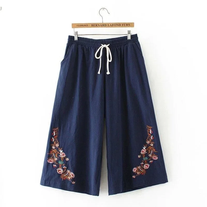 Women's Cotton And Linen Wide-Leg Pants Embroidery Summer Loose Straight Casual Pants Plus Size Capris Trousers 4XL C498