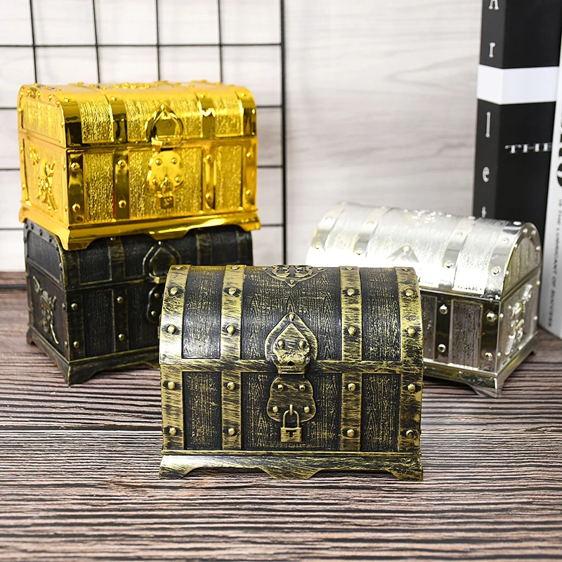 Pirate Theme Treasure Chest Pirate Treasure Box Storage Gold Coins Gems Jewelry Box Prop for Halloween Party Favor Birthday Gift