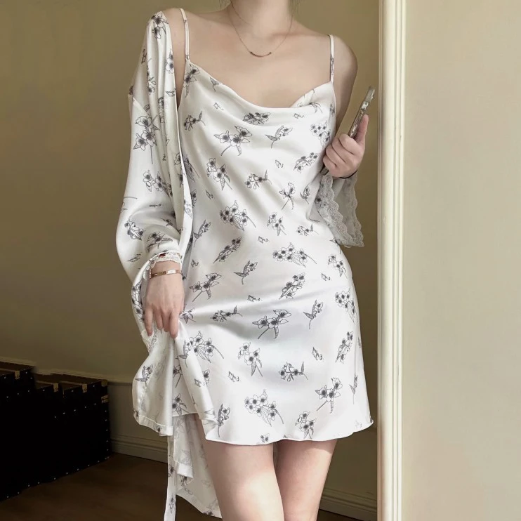 Summer Women Nighty&Robe Nightgown Set Sleepwear Print Flower Bathrobe Gown Nightdress Loose Silk Satin Home Wear Loungewear