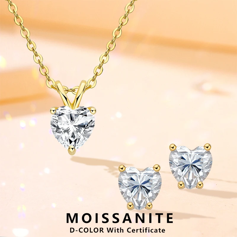 

Lnngy Heart Shape Moissanite Pendant Earrings Necklace Certified 925 Sterling Silver Necklaces Earring Jewelry Set For Women