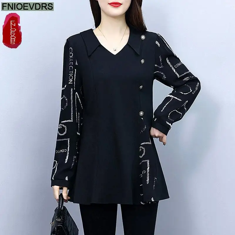 L-5XL 2023 Loose Clothes Women French Design Elegant Office Lady Basic Shirt Button Casual Retro Letter Print Peplum Top Blouse