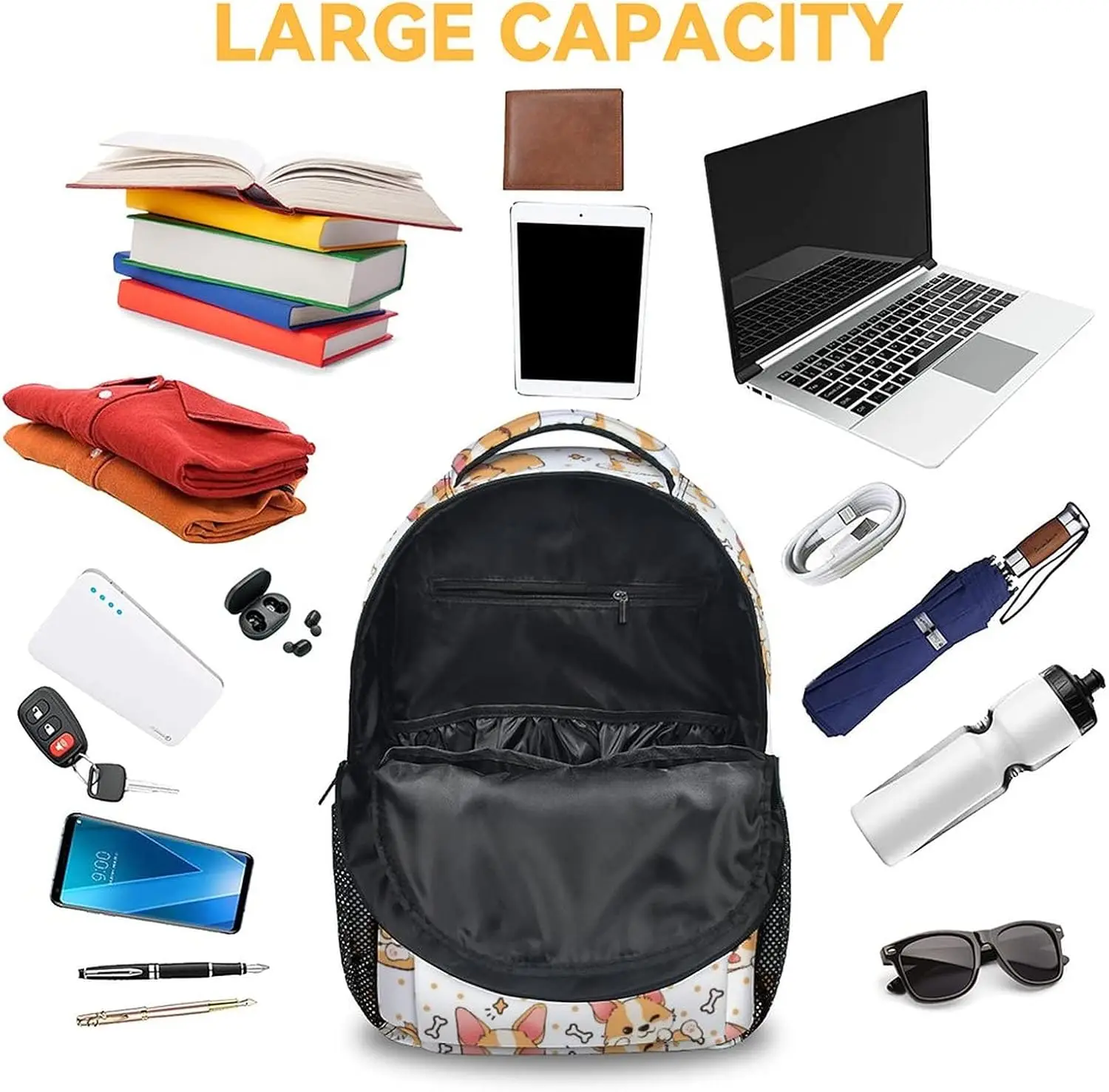 Simpatico zaino Corgi, bookbag a tema cane da 16 pollici con cinghie regolabili, durevole, leggero, grande capacità, zaino scolastico