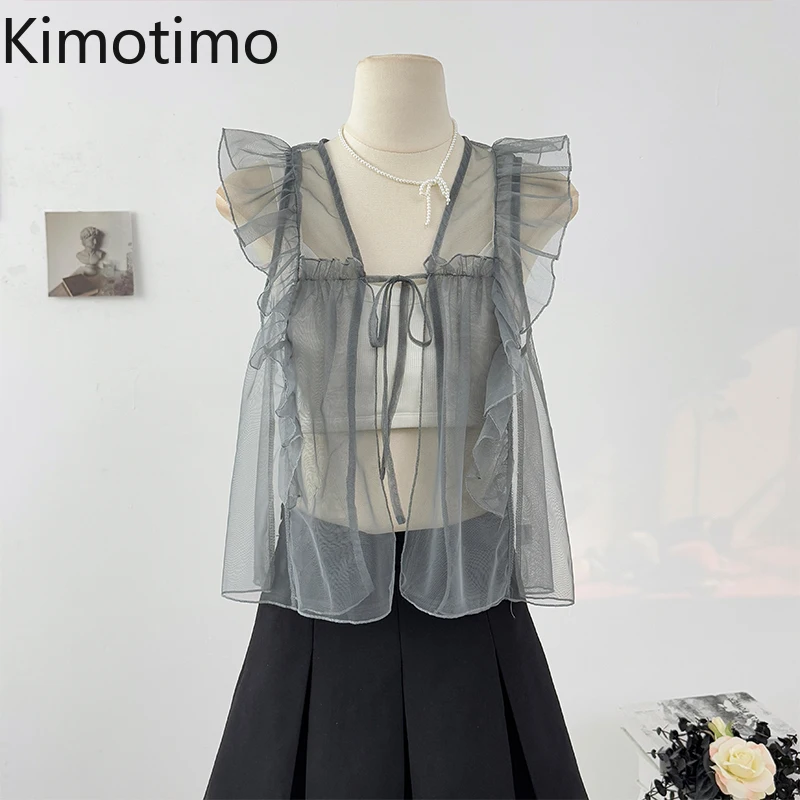 

Kimotimo Fairy Flying Sleeve Lace Tied Shirt Women 2025 Summer Sweet Ruffle Sheer Overlap Solid Crop Top Hollowed Slim Cardigan