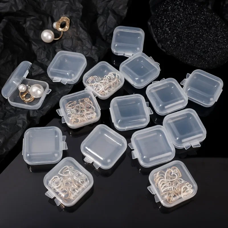 1/50 Mini Plastic Storage Box Square Transparent Flip Portable Pill Container Jewelry Holder Earrings Packaging Display Case