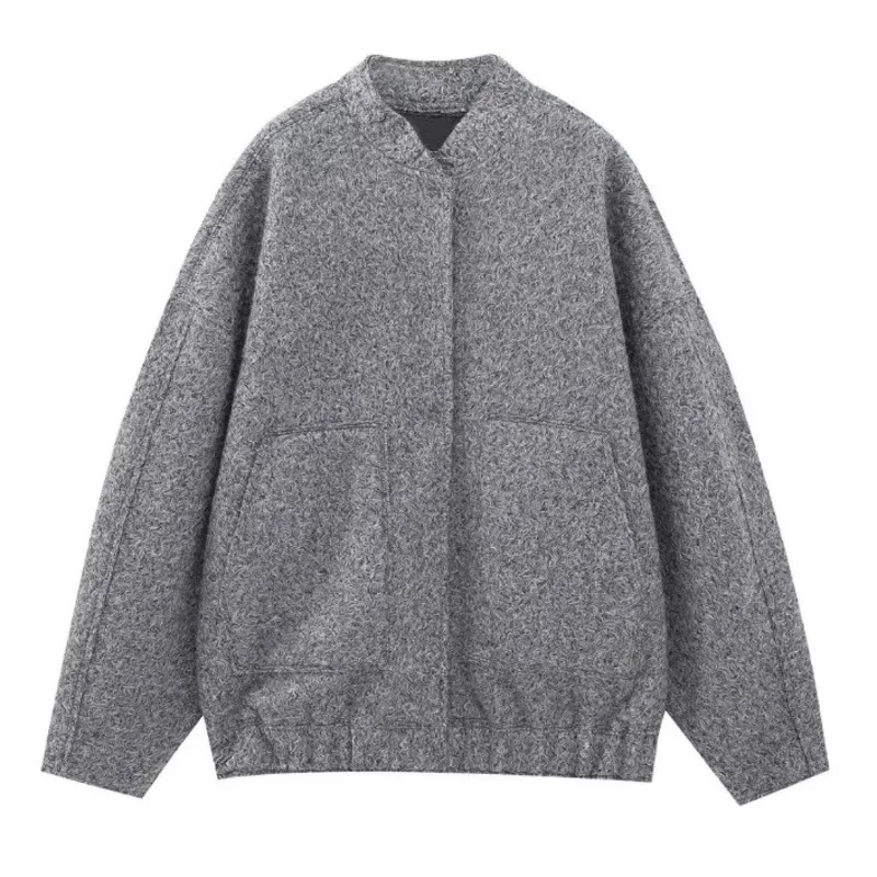 Women's Stand Collar Pocket Loose Pilot Jacket Solid Color Cozy Grey Jacket For Women Relaxed Fit Stand Pockets For Casual 9VH4