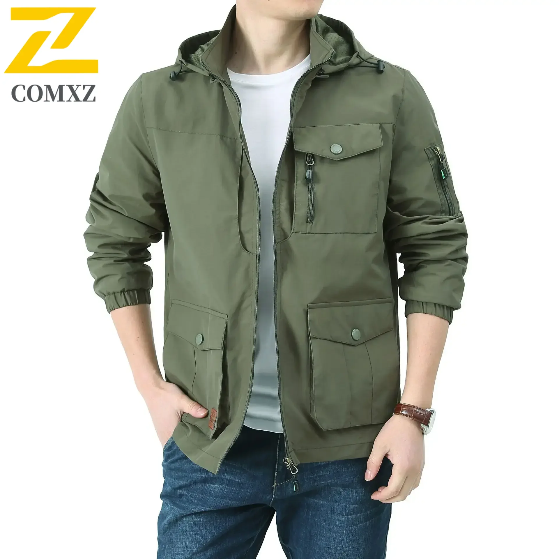 

Fall Men's unloading Jacket Vintage Men's photographer Work hooded windbreaker Outdoor Fashion Tools Multi-pocket coat 5XL