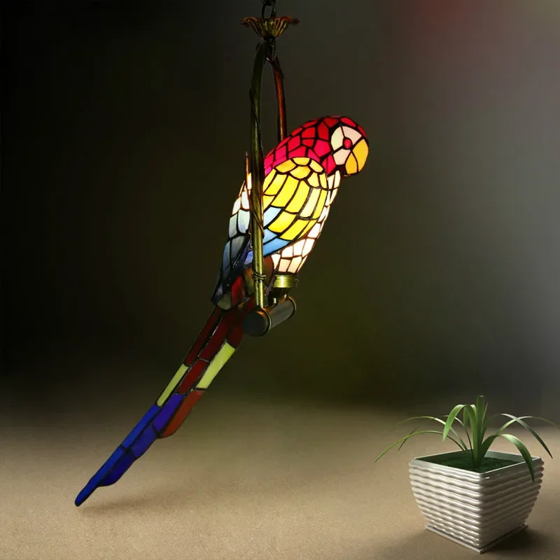 Stained Glass Parrot Light Antique Art Glass Bird Pendant Lamp Living Room Glass Shade Light Fixture LED Pendant Lights