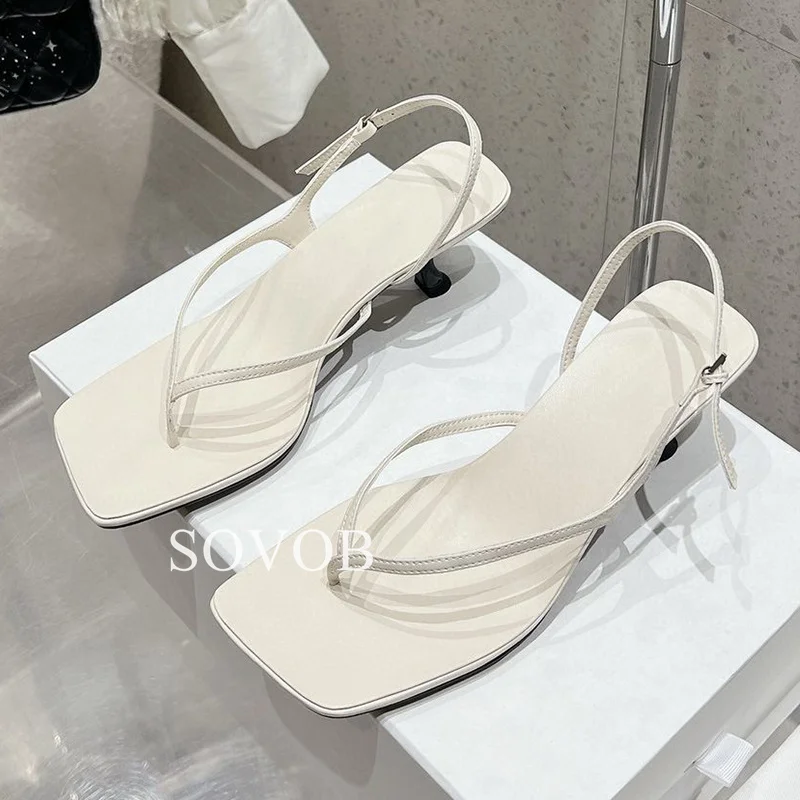 Summer Genuine Leather Kitten Heel Sandals  Women Square Toe Simple Back Strap Flipflops Sandalias Daily Banquet Dresses Shoes