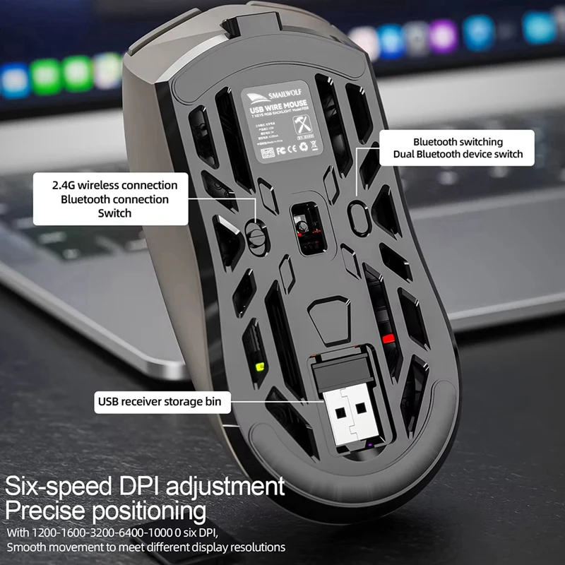 The Newsmailwolf RS8 Bluetooth Mouse, 10000Dpi, Three-Mode Connection, Macro Gaming Mouse For PC Notebook Laptop Computer
