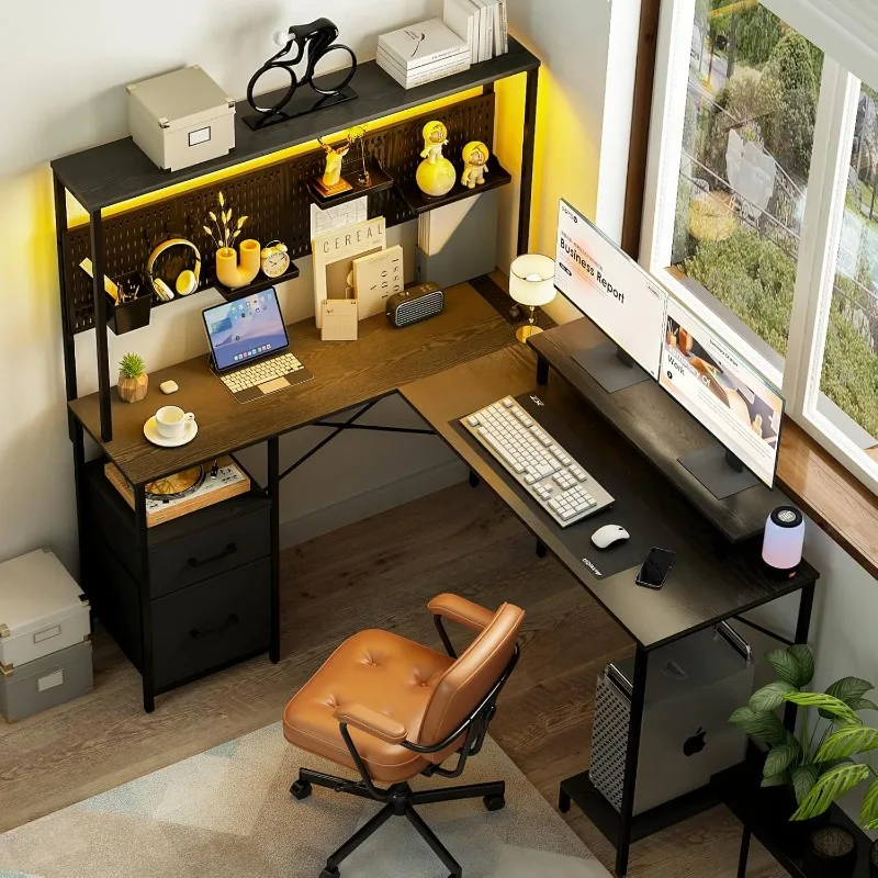 L Shaped Desk with Pegboard, Reversible Gaming Desk with LED Lights & Power Outlets,Computer Desk with Drawers & Storage Shelves